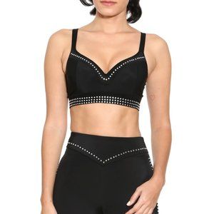 Adam Selman Black Studded Trim Plunge Push It Sports Bra Rhinestone Diamonds
